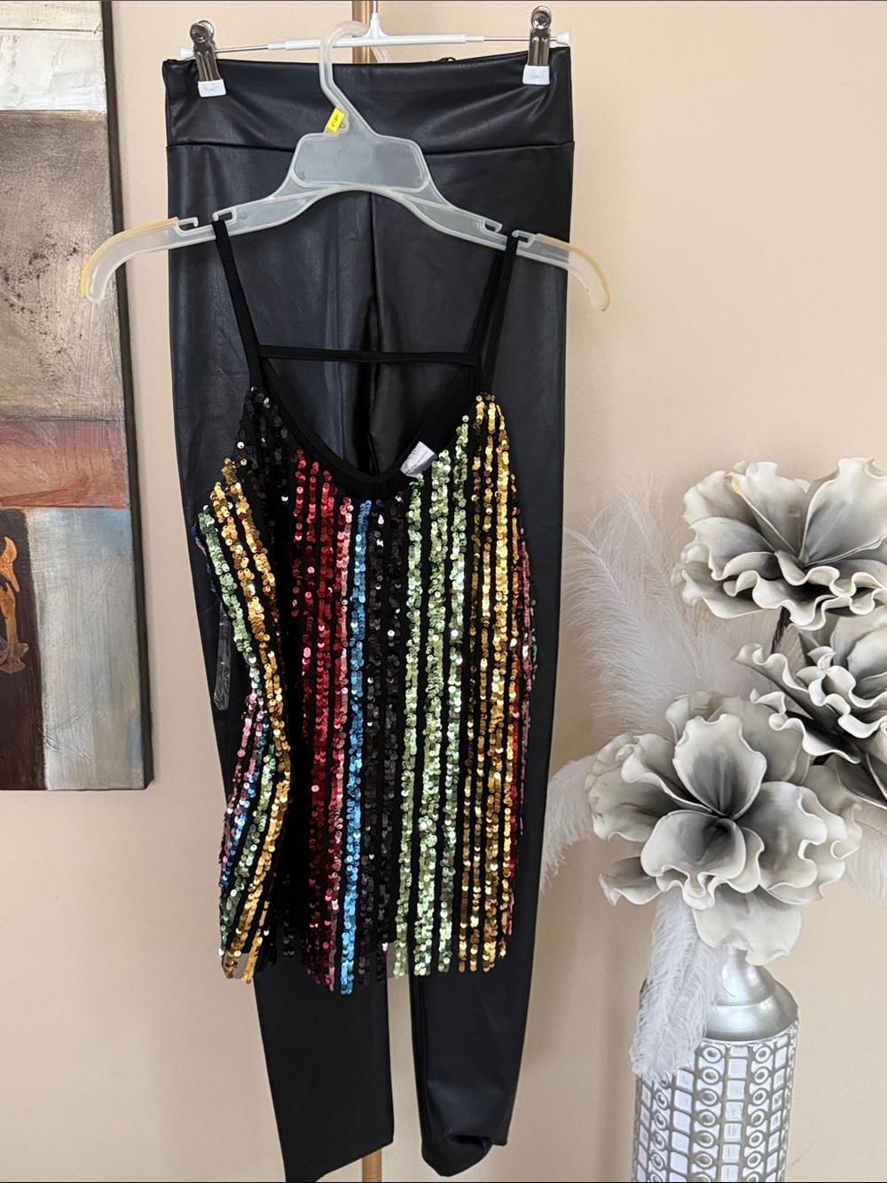 Black Sequin Striped Spaghetti Strap Tank Top & leggings